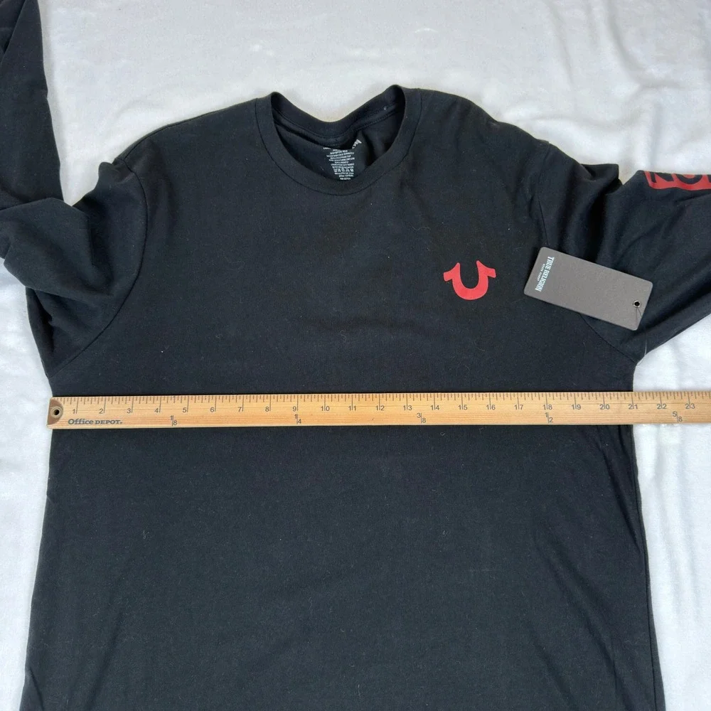 New True Religion Mens Long Sleeve Sidebar Tee Black Red Buddha 107818 Large